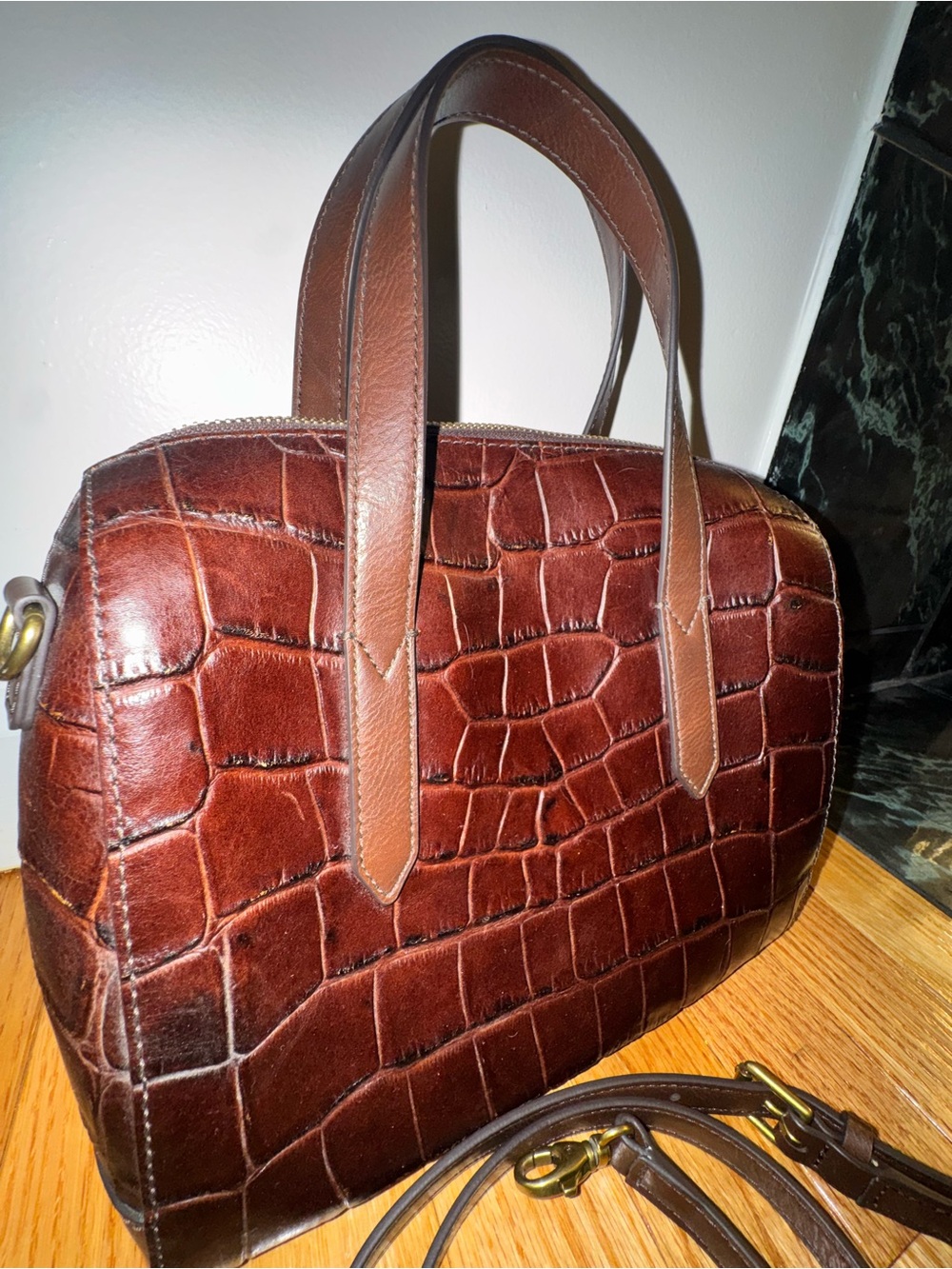 Fossil Brown Croc Embossed Leather Satchel Barrel Crossbody Bag